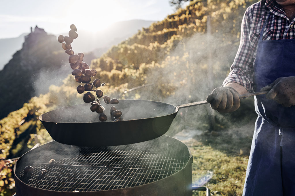 Eine Person in kariertem Hemd und blauer Schürze wirft Kastanien in einer Pfanne über einem Grill im Freien, mit Sonnenlicht und einem Eisacktaler Weinberg im Hintergrund - und fängt damit den Geist der herbstlichen Törggelen-Tradition in Südtirol ein.